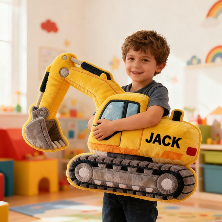Personalized Excavator Truck Custom Name Soft Decorative Gift Construction Vehicle Style Cozy Bedroom Builder Machine Fun Playtime Boy Room Graphic 3D Print Pillow