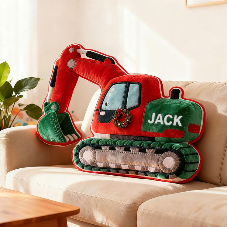 Personalized Excavator Truck Custom Name Soft Decorative Gift Construction Vehicle Style Cozy Bedroom Builder Machine Fun Playtime Boy Room Graphic 3D Print Pillow