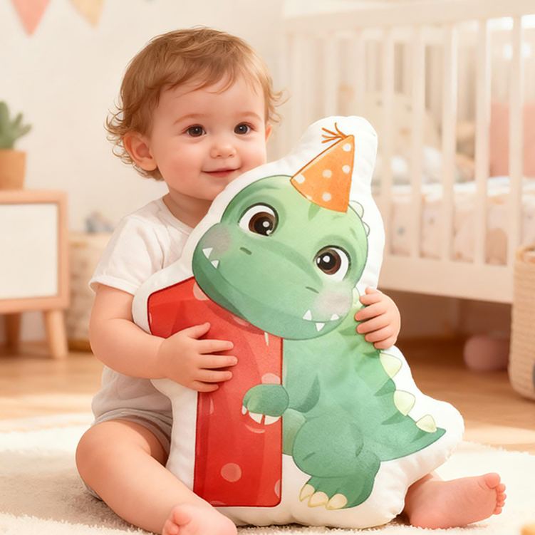 Personalized Dinosaur Letter Custom Name Soft Decorative Gift Cute Birthday Style Cozy Nursery Green Dragon Party Hat Sweet Baby Room Playtime Fun Graphic 3D Print Pillow