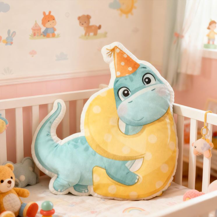 Personalized Dinosaur Letter Custom Name Soft Decorative Gift Cute Birthday Style Cozy Nursery Green Dragon Party Hat Sweet Baby Room Playtime Fun Graphic 3D Print Pillow