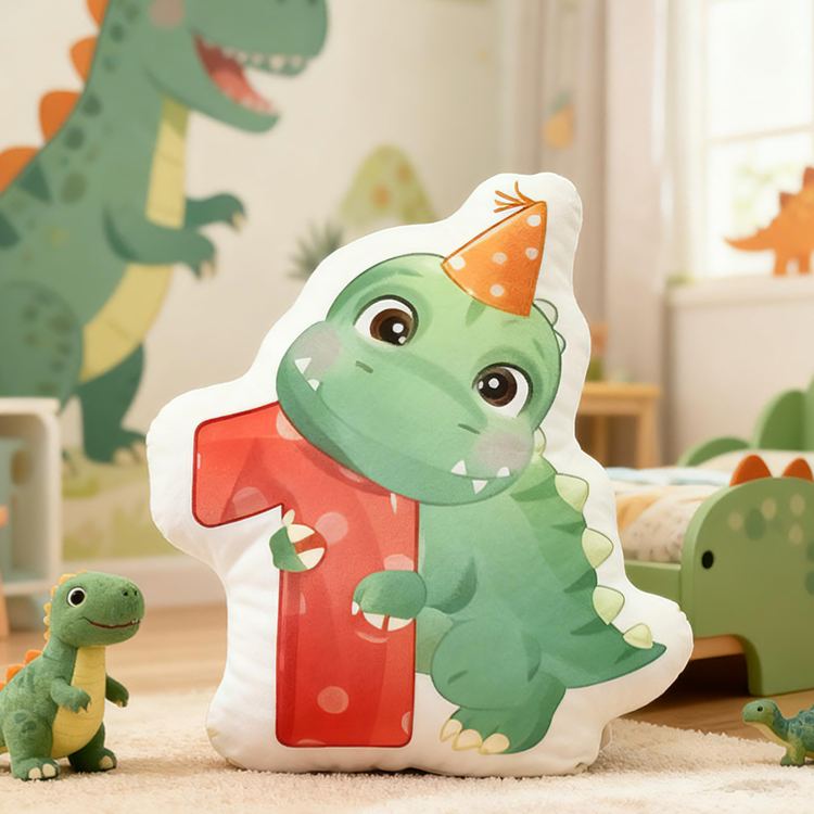 Personalized Dinosaur Letter Custom Name Soft Decorative Gift Cute Birthday Style Cozy Nursery Green Dragon Party Hat Sweet Baby Room Playtime Fun Graphic 3D Print Pillow