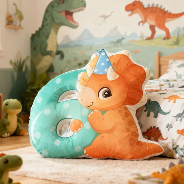 Personalized Dinosaur Letter Custom Name Soft Decorative Gift Cute Birthday Style Cozy Nursery Green Dragon Party Hat Sweet Baby Room Playtime Fun Graphic 3D Print Pillow