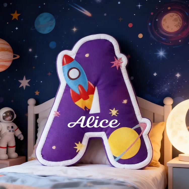 Personalized Space Rocket Custom Name Soft Decorative Gift Galactic Adventure Style Cozy Bedroom Purple Star Planet Cosmic Fun Dream Explorer Kid Room Graphic 3D Print Pillow