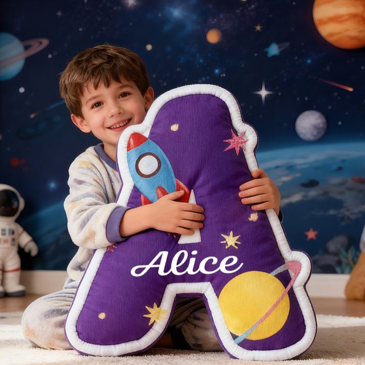 Personalized Space Rocket Custom Name Soft Decorative Gift Galactic Adventure Style Cozy Bedroom Purple Star Planet Cosmic Fun Dream Explorer Kid Room Graphic 3D Print Pillow
