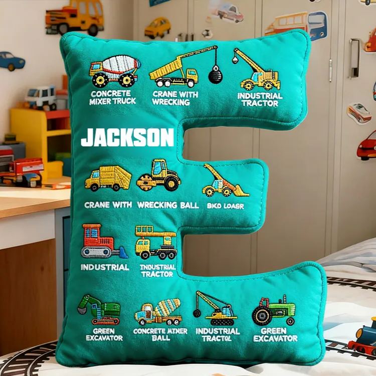 Personalized Construction Letter Custom Name Soft Decorative Gift Builder Truck Style Cozy Bedroom Blue Crane Excavator Tractor Vehicle Fun Boy Room Graphic 3D Print Pillow