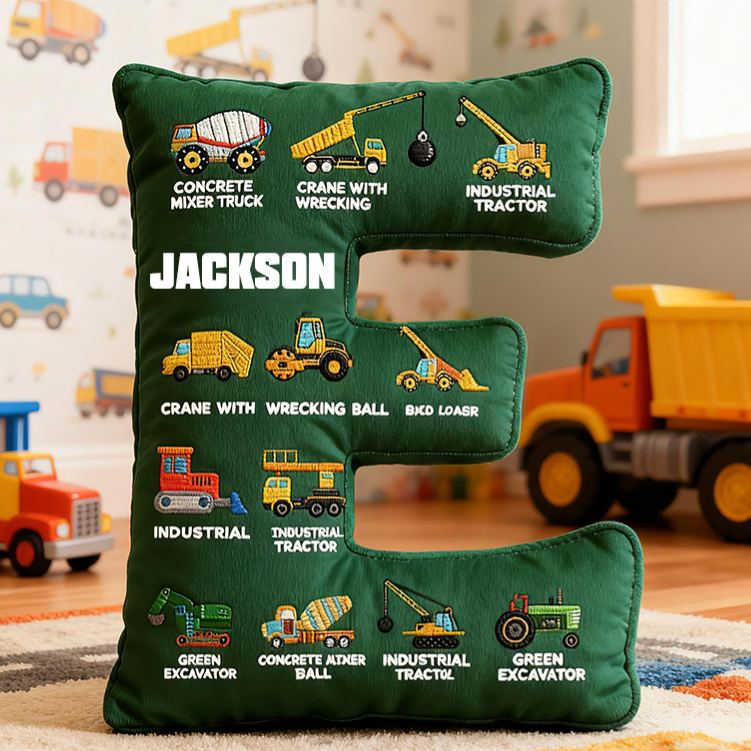 Personalized Construction Letter Custom Name Soft Decorative Gift Builder Truck Style Cozy Bedroom Blue Crane Excavator Tractor Vehicle Fun Boy Room Graphic 3D Print Pillow