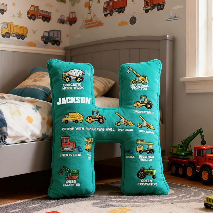 Personalized Construction Letter Custom Name Soft Decorative Gift Builder Truck Style Cozy Bedroom Blue Crane Excavator Tractor Vehicle Fun Boy Room Graphic 3D Print Pillow