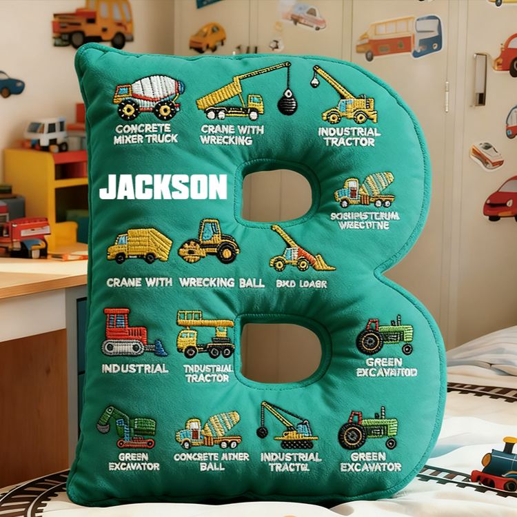 Personalized Construction Letter Custom Name Soft Decorative Gift Builder Truck Style Cozy Bedroom Blue Crane Excavator Tractor Vehicle Fun Boy Room Graphic 3D Print Pillow
