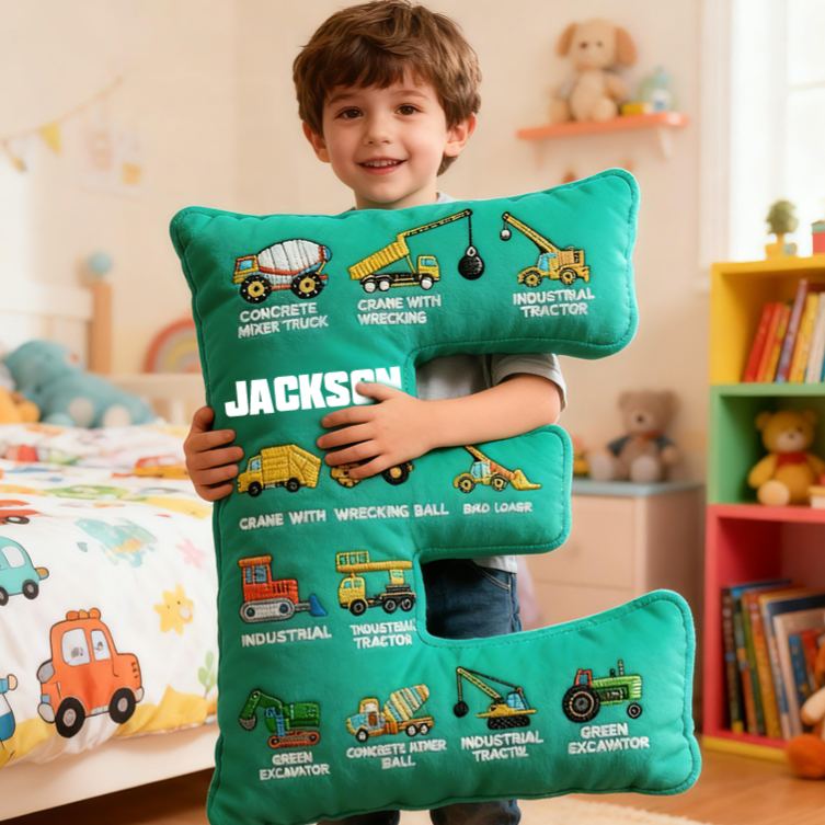 Personalized Construction Letter Custom Name Soft Decorative Gift Builder Truck Style Cozy Bedroom Blue Crane Excavator Tractor Vehicle Fun Boy Room Graphic 3D Print Pillow