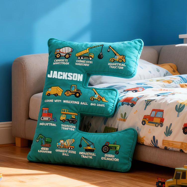 Personalized Construction Letter Custom Name Soft Decorative Gift Builder Truck Style Cozy Bedroom Blue Crane Excavator Tractor Vehicle Fun Boy Room Graphic 3D Print Pillow