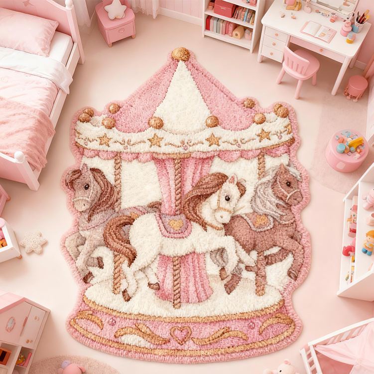 Personalized Carousel Horse Custom Name Soft Decorative Gift Magical Fairytale Style Cozy Nursery Pink Dream Lovely Ride Sweet Princess Room Graphic Carpet Rug for Kids