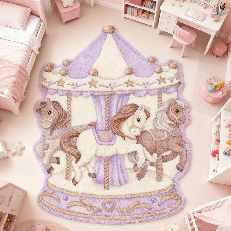 Personalized Carousel Horse Custom Name Soft Decorative Gift Magical Fairytale Style Cozy Nursery Pink Dream Lovely Ride Sweet Princess Room Graphic Carpet Rug for Kids
