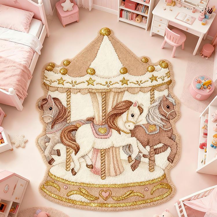 Personalized Carousel Horse Custom Name Soft Decorative Gift Magical Fairytale Style Cozy Nursery Pink Dream Lovely Ride Sweet Princess Room Graphic Carpet Rug for Kids