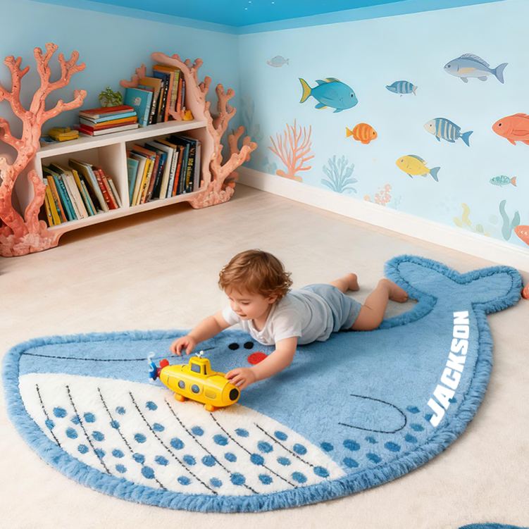 Personalized Whale Ocean Custom Name Soft Decorative Gift Underwater Sea Style Cozy Bedroom Blue Waves Cute Marine Animal Playful Baby Room Graphic Carpet Rug for Kids