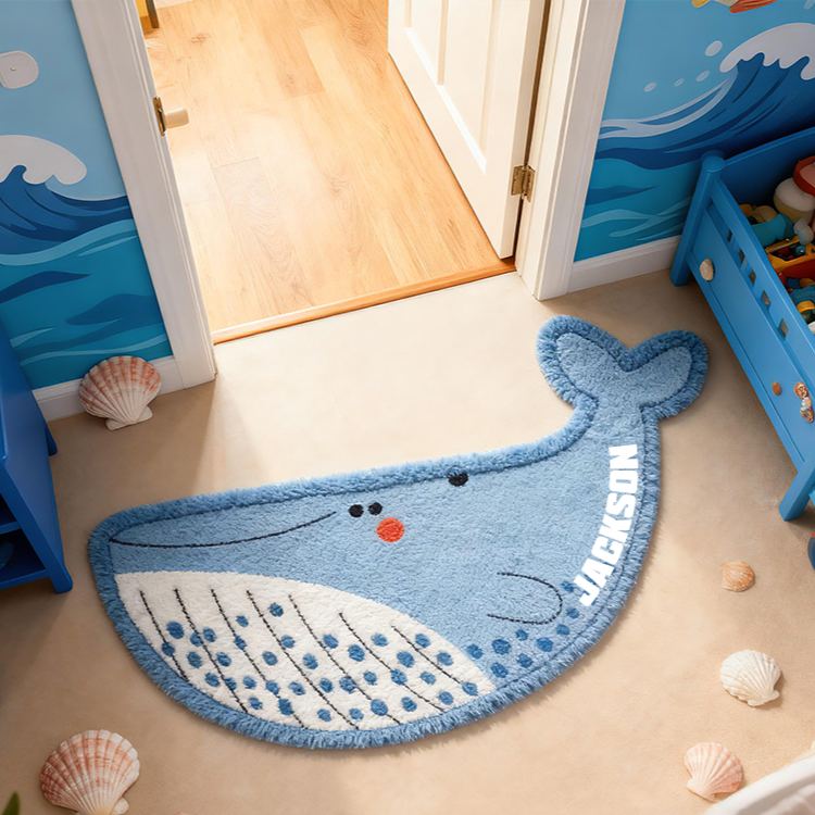 Personalized Whale Ocean Custom Name Soft Decorative Gift Underwater Sea Style Cozy Bedroom Blue Waves Cute Marine Animal Playful Baby Room Graphic Carpet Rug for Kids