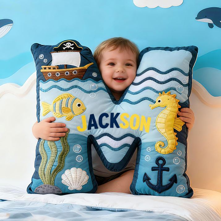 Personalized Pirate Ocean Letter Custom Name Soft Decorative Gift Underwater Sea Style Cozy Bedroom Blue Wave Fish Anchor Seahorse Ship Adventure Graphic 3D Print Pillow