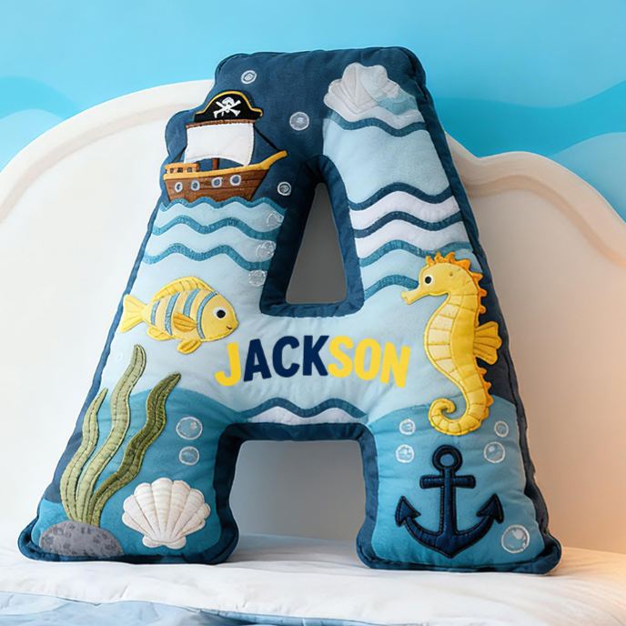 Personalized Pirate Ocean Letter Custom Name Soft Decorative Gift Underwater Sea Style Cozy Bedroom Blue Wave Fish Anchor Seahorse Ship Adventure Graphic 3D Print Pillow