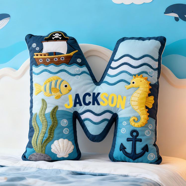 Personalized Pirate Ocean Letter Custom Name Soft Decorative Gift Underwater Sea Style Cozy Bedroom Blue Wave Fish Anchor Seahorse Ship Adventure Graphic 3D Print Pillow