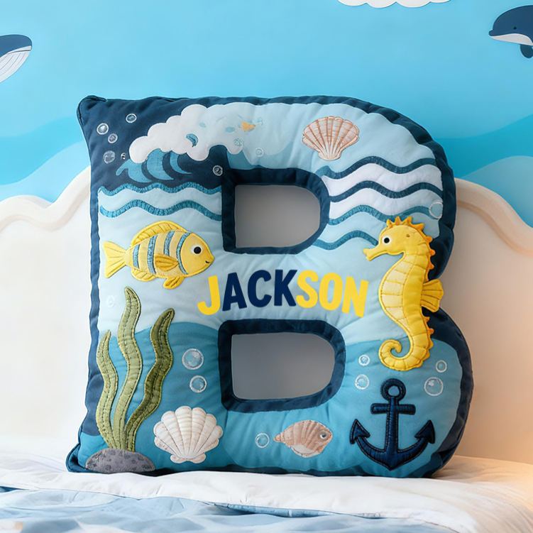 Personalized Pirate Ocean Letter Custom Name Soft Decorative Gift Underwater Sea Style Cozy Bedroom Blue Wave Fish Anchor Seahorse Ship Adventure Graphic 3D Print Pillow