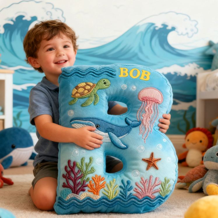 Personalized Ocean Letter Custom Name Soft Decorative Gift Underwater Sea Style Cozy Bedroom Blue Coral Whale Turtle Starfish Colorful Waves Marine Wonder Graphic 3D Print Pillow
