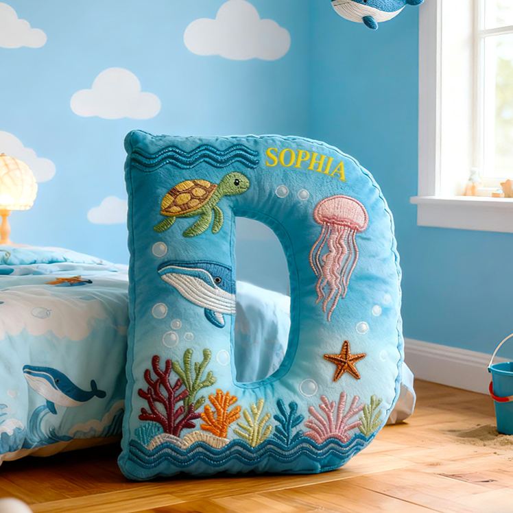Personalized Ocean Letter Custom Name Soft Decorative Gift Underwater Sea Style Cozy Bedroom Blue Coral Whale Turtle Starfish Colorful Waves Marine Wonder Graphic 3D Print Pillow
