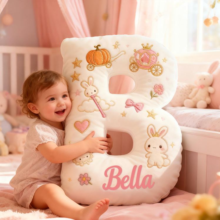 Personalized Letter Bunny Custom Name Soft Decorative Gift Sweet Princess Style Cozy Nursery Pink Dream Cute Rabbit Crown Flowers Magical Baby Room Graphic 3D Print Pillow
