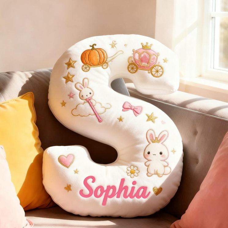 Personalized Letter Bunny Custom Name Soft Decorative Gift Sweet Princess Style Cozy Nursery Pink Dream Cute Rabbit Crown Flowers Magical Baby Room Graphic 3D Print Pillow