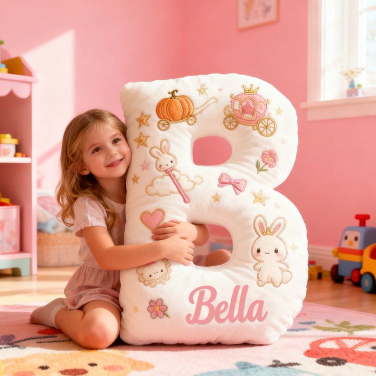 Personalized Letter Bunny Custom Name Soft Decorative Gift Sweet Princess Style Cozy Nursery Pink Dream Cute Rabbit Crown Flowers Magical Baby Room Graphic 3D Print Pillow
