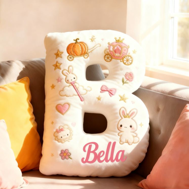 Personalized Letter Bunny Custom Name Soft Decorative Gift Sweet Princess Style Cozy Nursery Pink Dream Cute Rabbit Crown Flowers Magical Baby Room Graphic 3D Print Pillow
