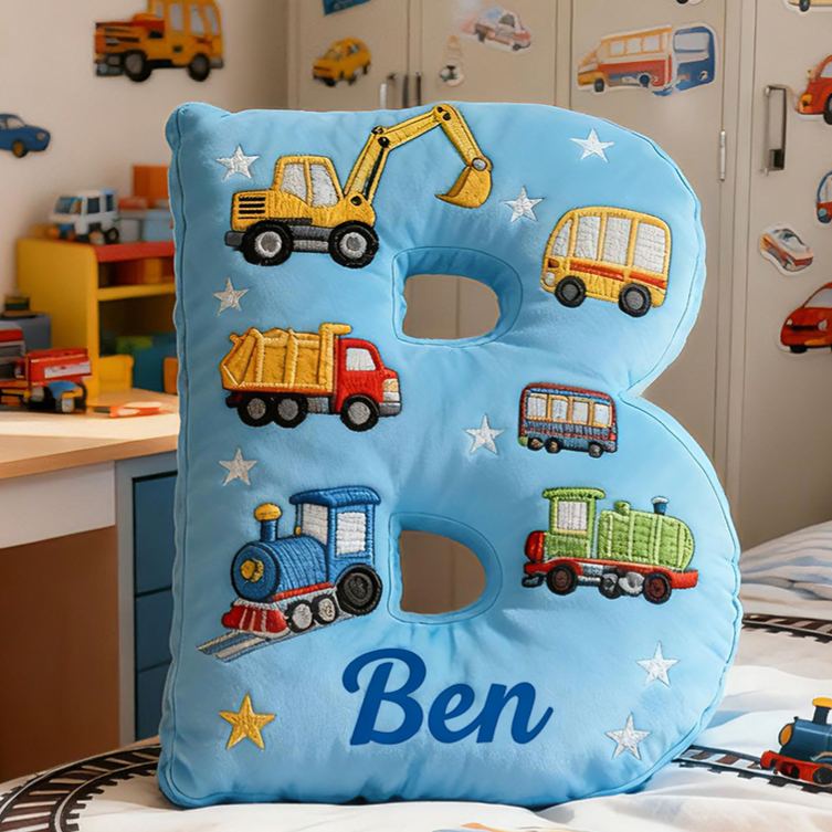 Personalized Letter Truck Custom Name Soft Decorative Gift Fun Construction Style Cozy Bedroom Colorful Car Bus Crane Vehicle Cute Boy Room Playtime Graphic 3D Print Pillow