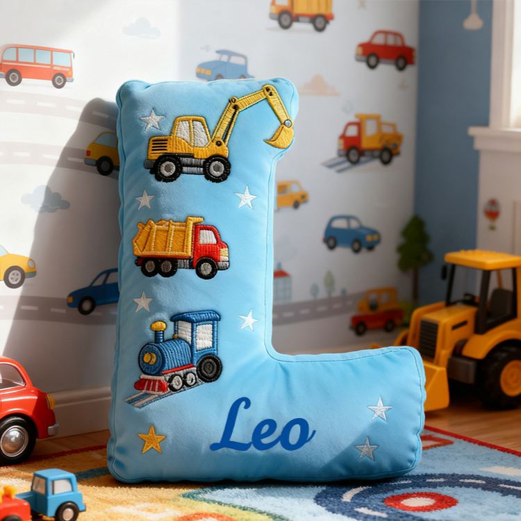 Personalized Letter Truck Custom Name Soft Decorative Gift Fun Construction Style Cozy Bedroom Colorful Car Bus Crane Vehicle Cute Boy Room Playtime Graphic 3D Print Pillow