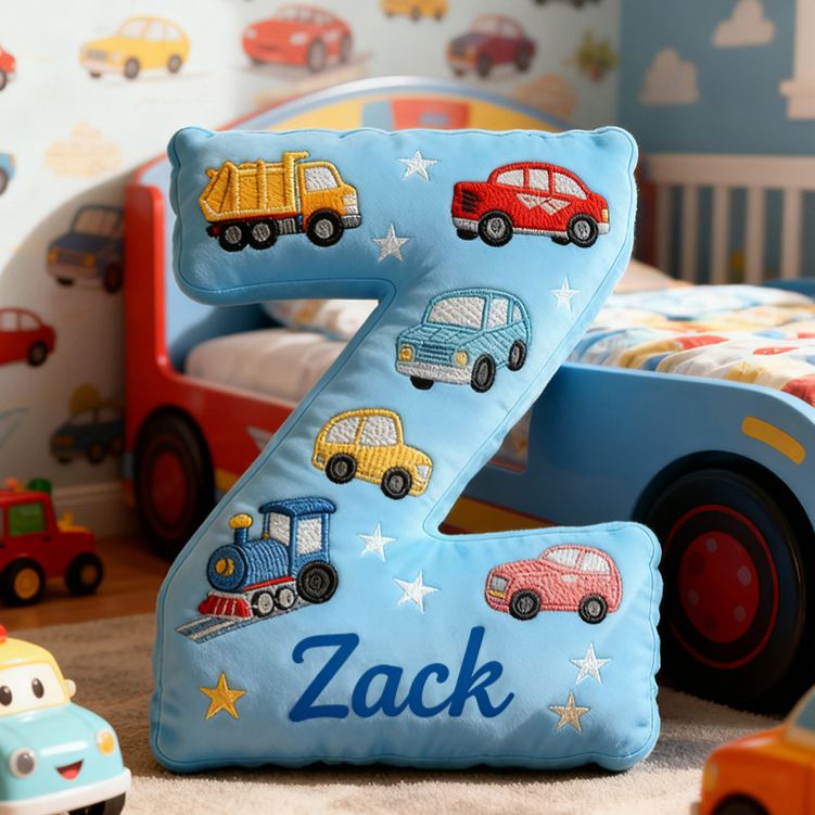 Personalized Letter Truck Custom Name Soft Decorative Gift Fun Construction Style Cozy Bedroom Colorful Car Bus Crane Vehicle Cute Boy Room Playtime Graphic 3D Print Pillow