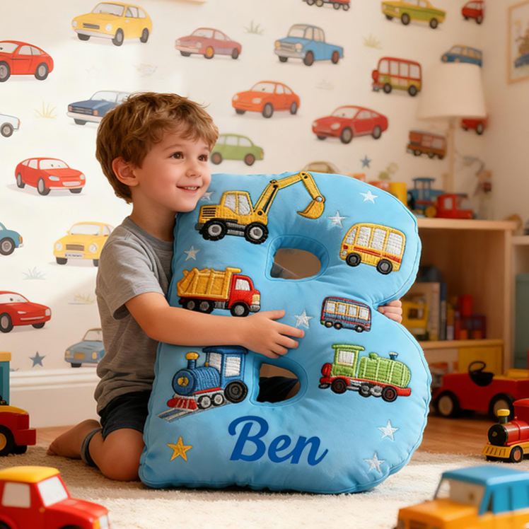 Personalized Letter Truck Custom Name Soft Decorative Gift Fun Construction Style Cozy Bedroom Colorful Car Bus Crane Vehicle Cute Boy Room Playtime Graphic 3D Print Pillow