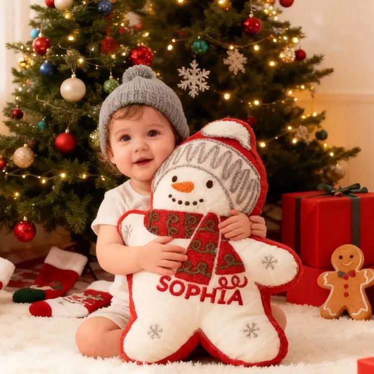 Personalized Christmas Snowman Custom Name Soft Decorative Gift Festive Holiday Style Cozy Home Warm Tree Lights Joyful Winter Cheer Cute Baby Room Graphic 3D Print Pillow