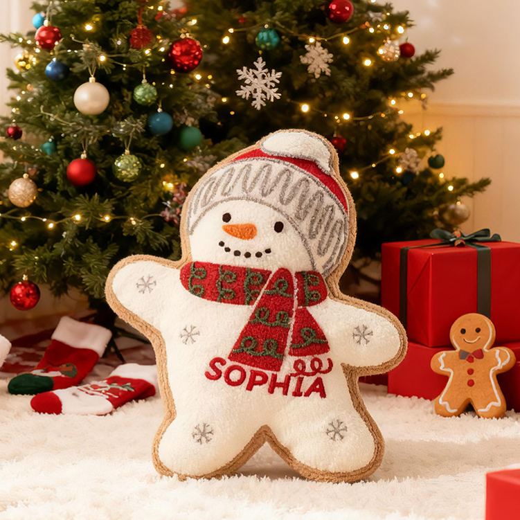 Personalized Christmas Snowman Custom Name Soft Decorative Gift Festive Holiday Style Cozy Home Warm Tree Lights Joyful Winter Cheer Cute Baby Room Graphic 3D Print Pillow