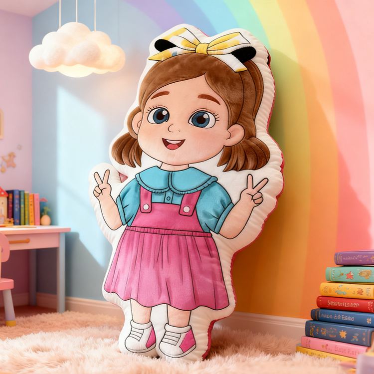 Personalized Cute Girl Custom Name Soft Decorative Gift Colorful Rainbow Style Cozy Nursery Sweet Smile Pink Dress Lovely Playful Joy Happy Childhood Graphic 3D Print Pillow