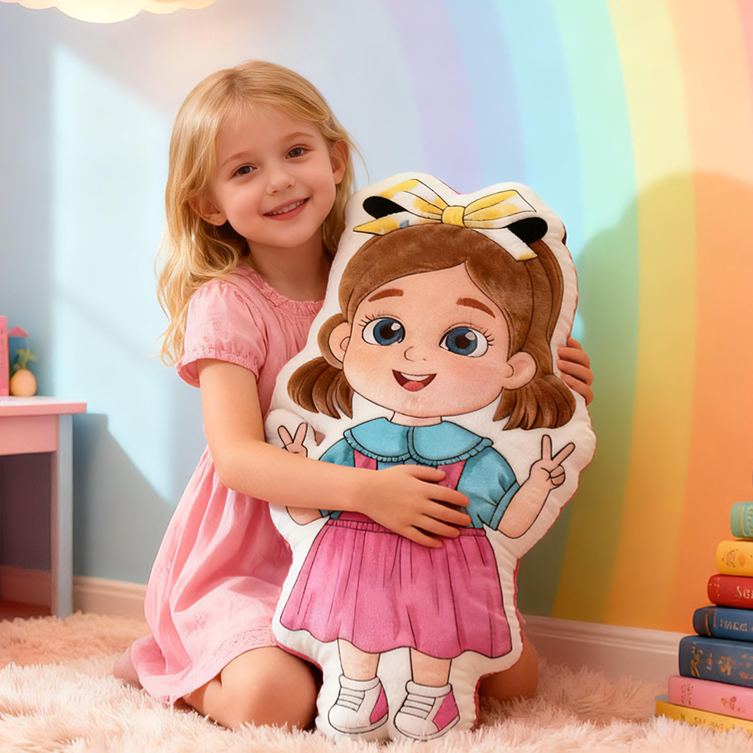 Personalized Cute Girl Custom Name Soft Decorative Gift Colorful Rainbow Style Cozy Nursery Sweet Smile Pink Dress Lovely Playful Joy Happy Childhood Graphic 3D Print Pillow