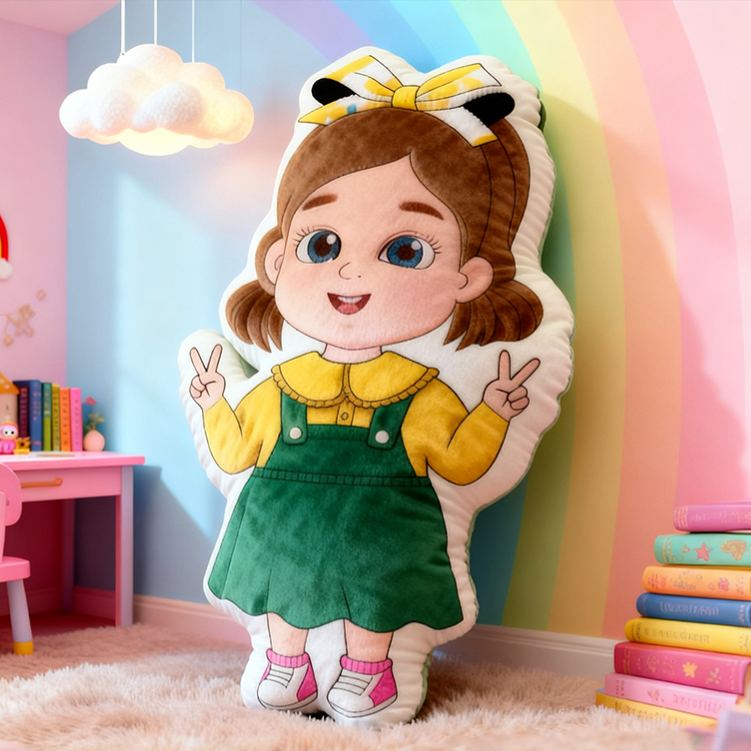 Personalized Cute Girl Custom Name Soft Decorative Gift Colorful Rainbow Style Cozy Nursery Sweet Smile Pink Dress Lovely Playful Joy Happy Childhood Graphic 3D Print Pillow