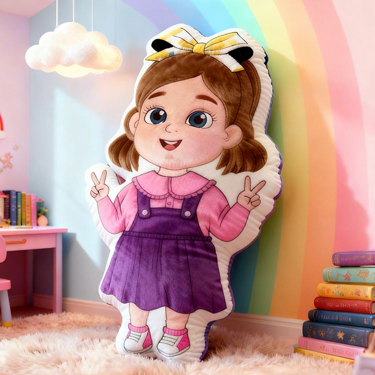 Personalized Cute Girl Custom Name Soft Decorative Gift Colorful Rainbow Style Cozy Nursery Sweet Smile Pink Dress Lovely Playful Joy Happy Childhood Graphic 3D Print Pillow