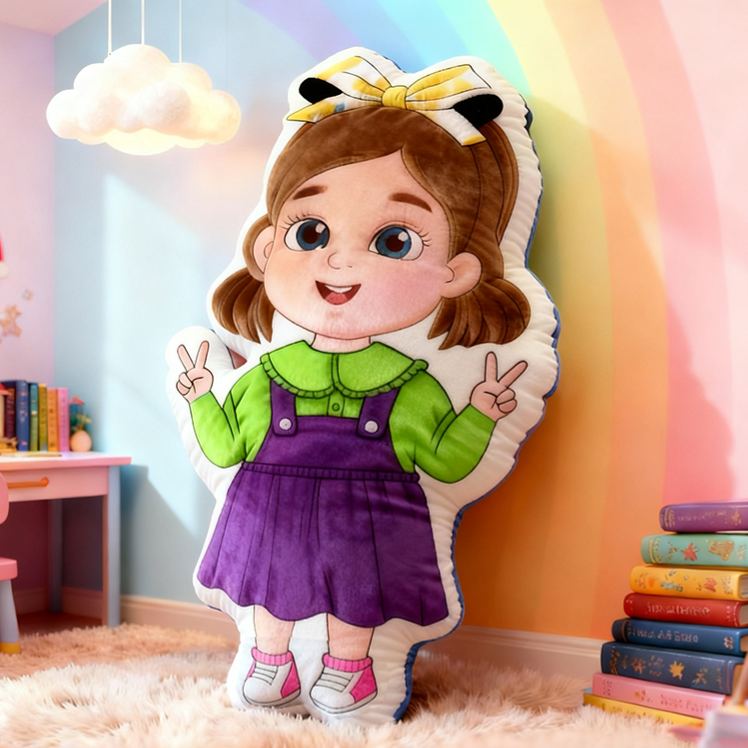 Personalized Cute Girl Custom Name Soft Decorative Gift Colorful Rainbow Style Cozy Nursery Sweet Smile Pink Dress Lovely Playful Joy Happy Childhood Graphic 3D Print Pillow