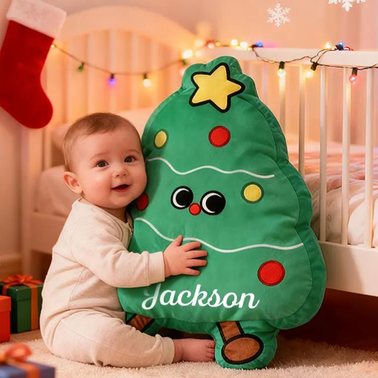Personalized Christmas Tree Custom Name Soft Decorative Gift Festive Holiday Style Cozy Nursery Cute Bright Star Warm Lights Joyful Baby Room Cheerful Graphic 3D Print Pillow