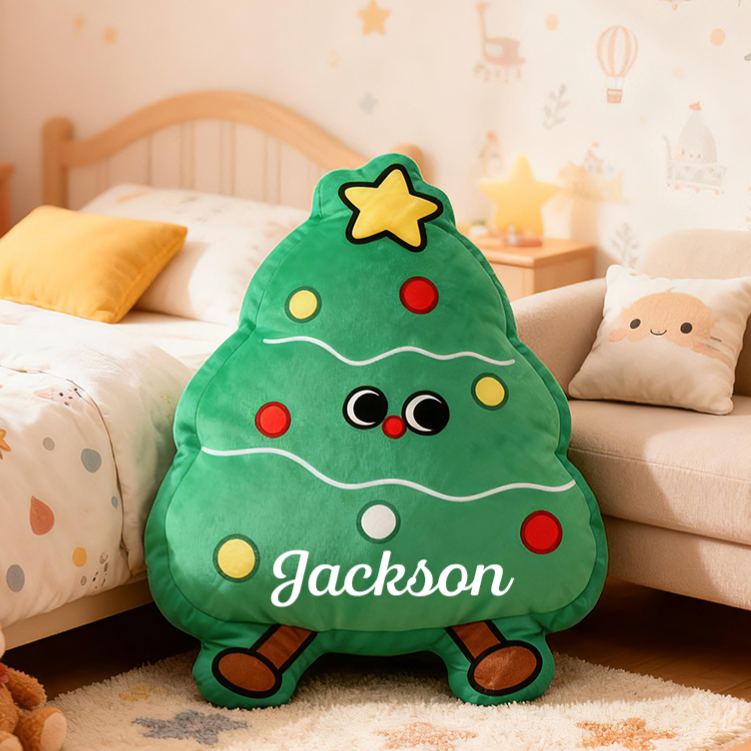 Personalized Christmas Tree Custom Name Soft Decorative Gift Festive Holiday Style Cozy Nursery Cute Bright Star Warm Lights Joyful Baby Room Cheerful Graphic 3D Print Pillow