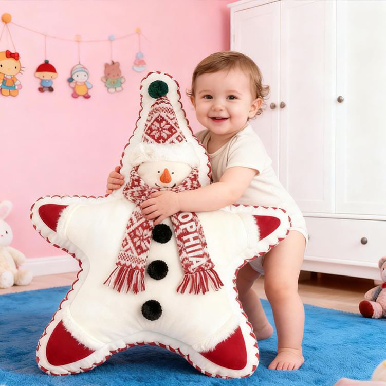 Personalized Christmas Star Custom Name Soft Decorative Gift Festive Holiday Style Cozy Home Warm Snowman Joy Bright Tree Lights Winter Magic Graphic 3D Print Pillow