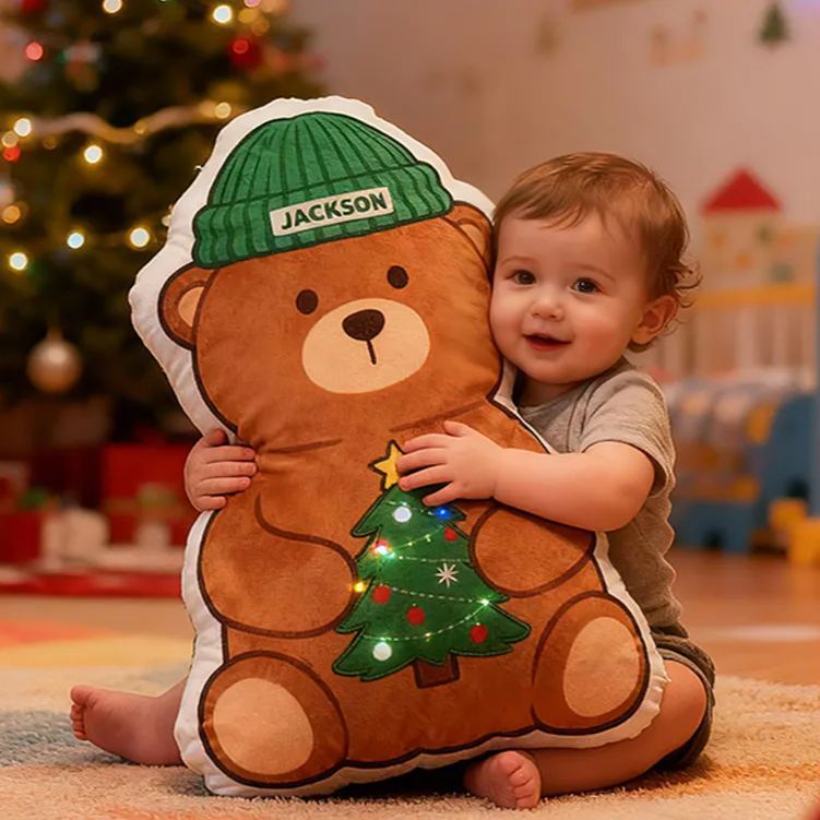 Personalized Christmas Bear Custom Name Soft Decorative Gift Festive Holiday Style Cozy Nursery Warm Tree Hat Cute Joyful Winter Magic Graphic 3D Print Pillow