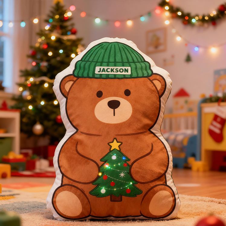 Personalized Christmas Bear Custom Name Soft Decorative Gift Festive Holiday Style Cozy Nursery Warm Tree Hat Cute Joyful Winter Magic Graphic 3D Print Pillow