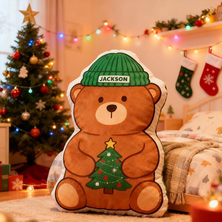 Personalized Christmas Bear Custom Name Soft Decorative Gift Festive Holiday Style Cozy Nursery Warm Tree Hat Cute Joyful Winter Magic Graphic 3D Print Pillow