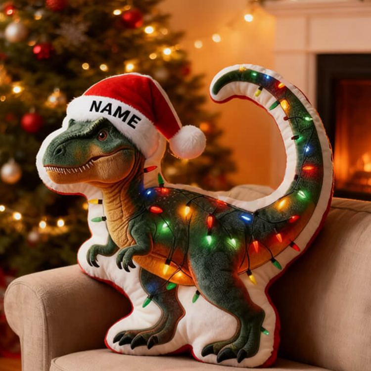 Personalized Christmas Dinosaur Custom Name Soft Decorative Gift Festive Holiday Style Cozy Home Fun Santa Hat Lights Joyful Winter Party Cute Graphic 3D Print Pillow