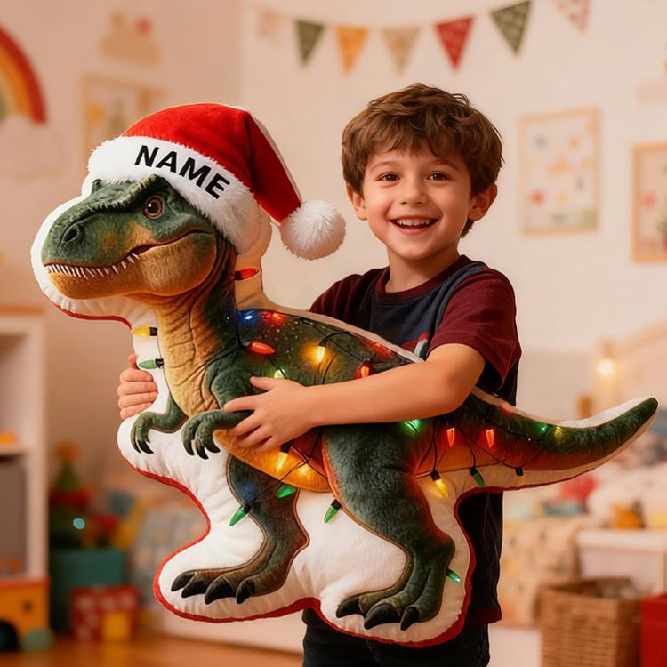 Personalized Christmas Dinosaur Custom Name Soft Decorative Gift Festive Holiday Style Cozy Home Fun Santa Hat Lights Joyful Winter Party Cute Graphic 3D Print Pillow