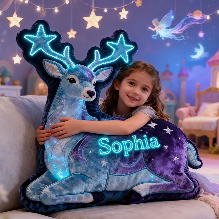 Personalized Star Deer Custom Name Soft Decorative Gift Magical Night Sky Style Cozy Bedroom Dream Galaxy Glow Enchanted Forest Fantasy Light Graphic 3D Print Pillow