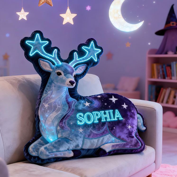 Personalized Star Deer Custom Name Soft Decorative Gift Magical Night Sky Style Cozy Bedroom Dream Galaxy Glow Enchanted Forest Fantasy Light Graphic 3D Print Pillow